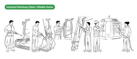 Obraz premium Industrial machinery pressure washing vector illustration set featuring workers cleaning heavy equipment like excavators and tractors using high pressure water sprayers in clean line art style.