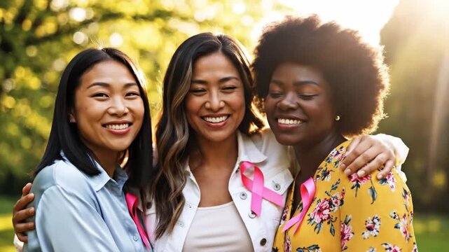 Three Diverse Women Wearing Pink Ribbons Hugging Together in Park for Breast Cancer Awareness and Support
