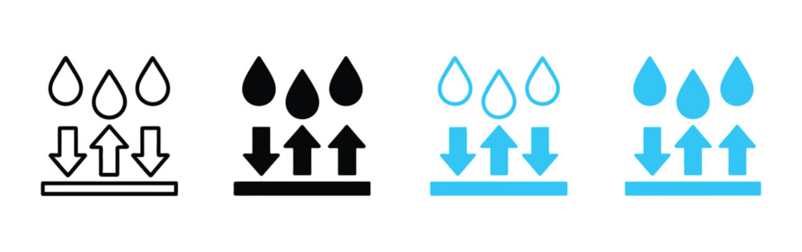 Water absorption icons featuring liquid droplets and porous surface symbols with clean minimalist vector graphics for moisture control, drainage systems, permeability testing, waterproof materials, an