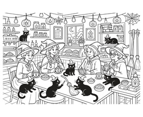 Obraz premium Five elderly witches and black cats celebrating halloween in a cafe.