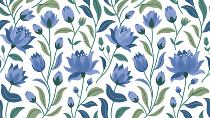 Fototapeta premium Beautiful floral pattern with blue and green flowers on light background Vector