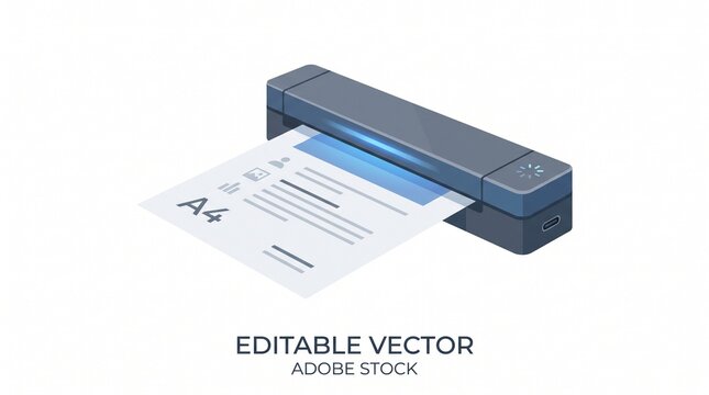 Isometric portable document scanner digitizing an a4 sheet of paper with glowing blue light effect on a clean minimalist white background concept