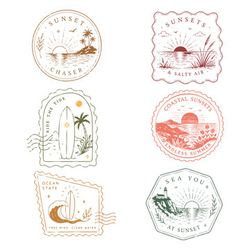 Vintage tropical postage stamp collection with coastal, botanical and summer illustrations. Retro travel badge designs inspired by seaside life, Mediterranean vibes and island adventures.