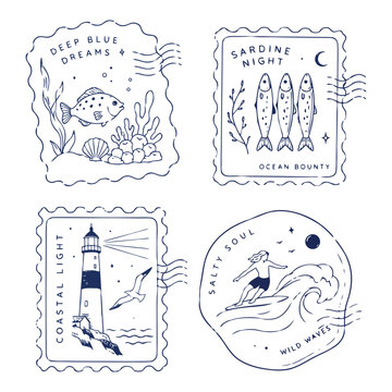 Vintage tropical postage stamp collection with coastal, botanical and summer illustrations. Retro travel badge designs inspired by seaside life, Mediterranean vibes and island adventures.
