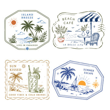 Vintage tropical postage stamp collection with coastal, botanical and summer illustrations. Retro travel badge designs inspired by seaside life, Mediterranean vibes and island adventures.
