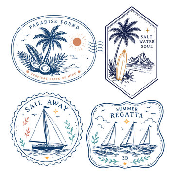 Vintage tropical postage stamp collection with coastal, botanical and summer illustrations. Retro travel badge designs inspired by seaside life, Mediterranean vibes and island adventures.