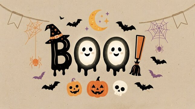 Festive halloween pumpkin border spooky ghosts bats witch hat illustration