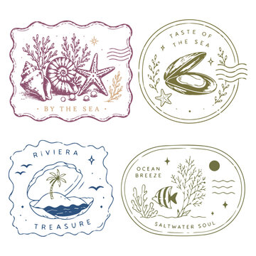 Vintage tropical postage stamp collection with coastal, botanical and summer illustrations. Retro travel badge designs inspired by seaside life, Mediterranean vibes and island adventures.