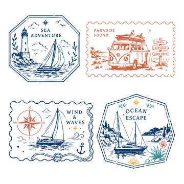 Vintage tropical postage stamp collection with coastal, botanical and summer illustrations. Retro travel badge designs inspired by seaside life, Mediterranean vibes and island adventures.