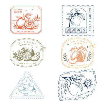 Vintage tropical postage stamp collection with coastal, botanical and summer illustrations. Retro travel badge designs inspired by seaside life, Mediterranean vibes and island adventures.