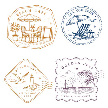 Vintage tropical postage stamp collection with coastal, botanical and summer illustrations. Retro travel badge designs inspired by seaside life, Mediterranean vibes and island adventures.