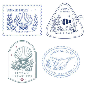Vintage tropical postage stamp collection with coastal, botanical and summer illustrations. Retro travel badge designs inspired by seaside life, Mediterranean vibes and island adventures.