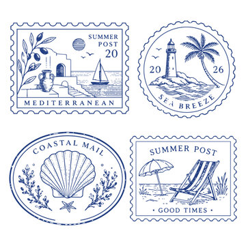 Vintage tropical postage stamp collection with coastal, botanical and summer illustrations. Retro travel badge designs inspired by seaside life, Mediterranean vibes and island adventures.