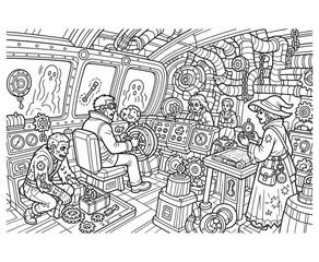 Fototapeta premium Steampunk crew navigates submarine with gears, pipes, and spooky ghost details.