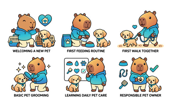 Cute First Time Pet Owner Illustration with Kawaii Bear and Puppy, Pet Feeding, Walking, Grooming and Responsible Pet Care, Isolated Transparent PNG, Suitable for Pet Adoption and Animal Care Design