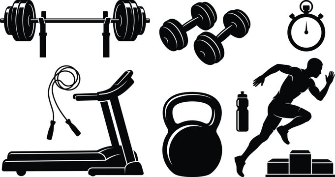 Gym fitness and bodybuilding black silhouette icon set with barbell treadmill kettlebell runner dumbbells and stopwatch elements