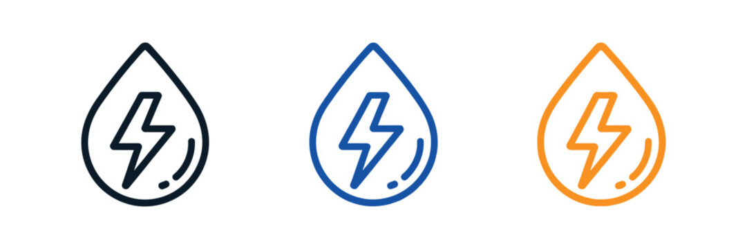 Water drop icons illustrating lightning bolt and electrolyte hydration symbols with clean minimalist vector graphics for energy water, sports recovery, healthy hydration, nutrition branding, and welln