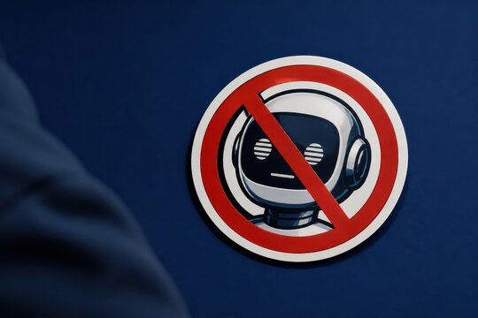 No robot sign with prohibition symbol on blue background for AI and automation concept