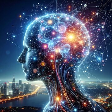 A futuristic profile of a human head glowing with vibrant circuits and neural networks against a cityscape backdrop at dusk