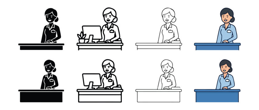 women working behind counters in various line art and colored styles with different expressions sitting at desks with or without computers