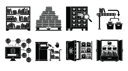 Library and archive management showing bookshelves, card catalogs, document storage, and data organization © NoobCreaTion