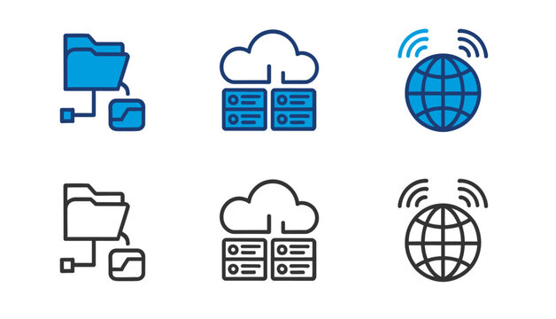 Digital technology icons set file storage database and global network connectivity illustration