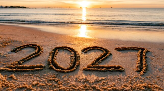 Sunset beach scene with golden light and smooth waves reflecting on calm water and the year 2021 written in soft sand foreground inspiring new beginnings