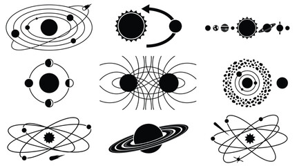 Collection of black silhouette featuring planetary orbits, solar systems, and various celestial body diagrams © NoobCreaTion
