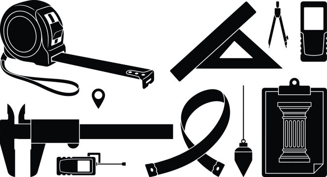 Measurement and engineering layout tools black silhouette icon set with tape measure caliper triangle ruler and clipboard elements