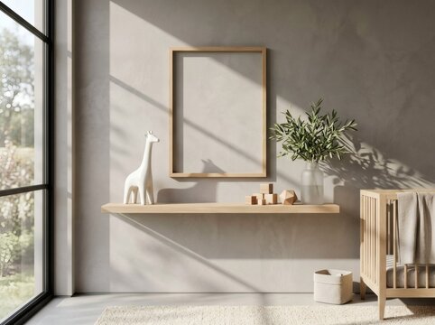 Modern nursery shelf with giraffe figurine and plants near crib by large window.