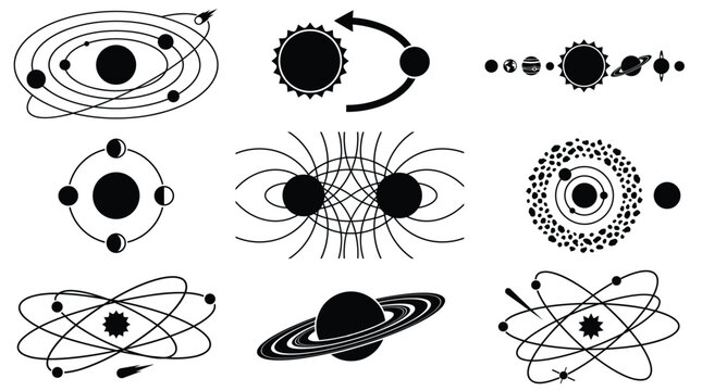 Collection of black silhouette featuring planetary orbits, solar systems, and various celestial body diagrams