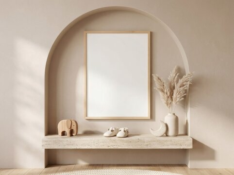 Baby shelf in archway with elephant toy, shoes, and pampas grass decor.