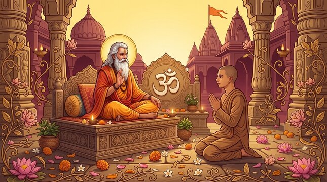 Guru purnima guru blessing kneeling disciple in flower decorated temple courtyard for hindu relegious festival