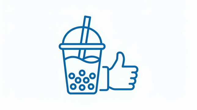 Blue line icon of bubble tea cup with thumbs up.