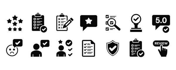 Fototapeta premium Black icons set for rating review and feedback on white background