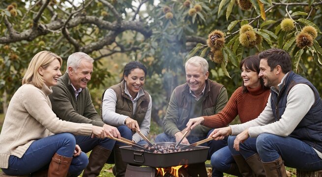 Group of friends roasting chestnuts over open fire. People gathering outdoors under chestnut tree in autumn