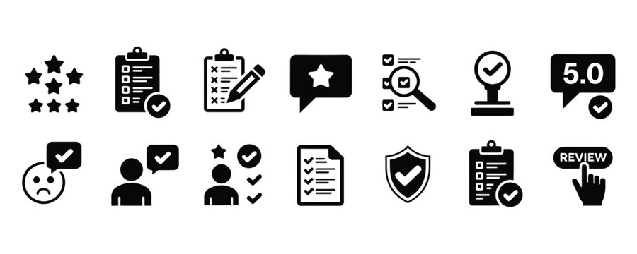 Black icons set for rating review and feedback on white background