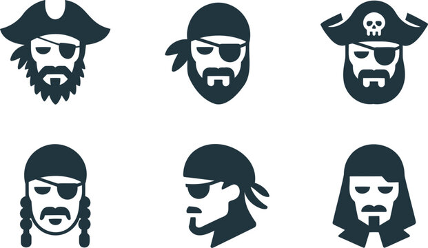 Set of six different pirate faces with various beards and headgear on white background