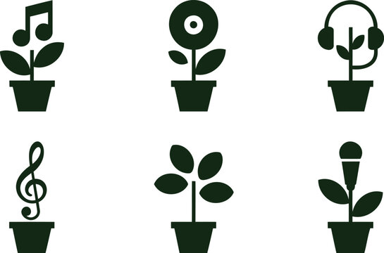 Set of plant pots with music and audio equipment icons on white background