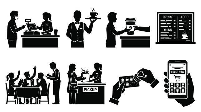 Coffee shop service featuring baristas, customers, menus, ordering apps, loyalty cards, and pickup counters