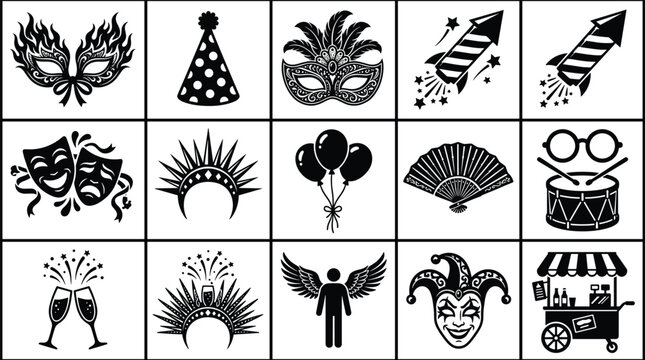 Carnival and festival party icon set featuring carnival masks fireworks balloon champagne toast jester theater drama masks and parade accessories vector