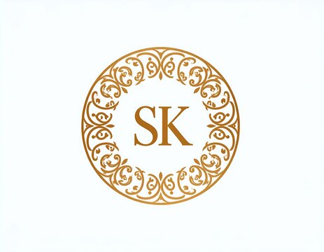 A gold circular logo with intricate designs and the letters "SK" in the center