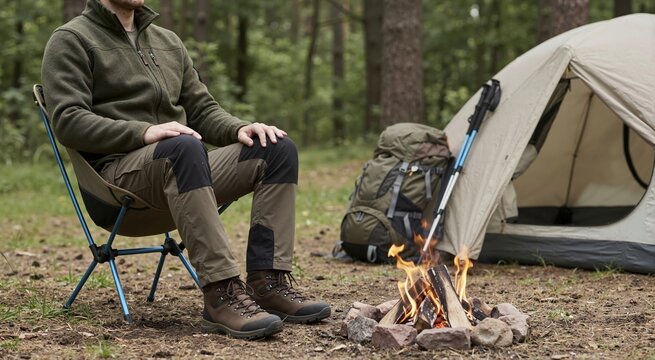 Man sitting in a camp chair by a campfire in the forest. Hiker resting at a campsite with tent and backpack