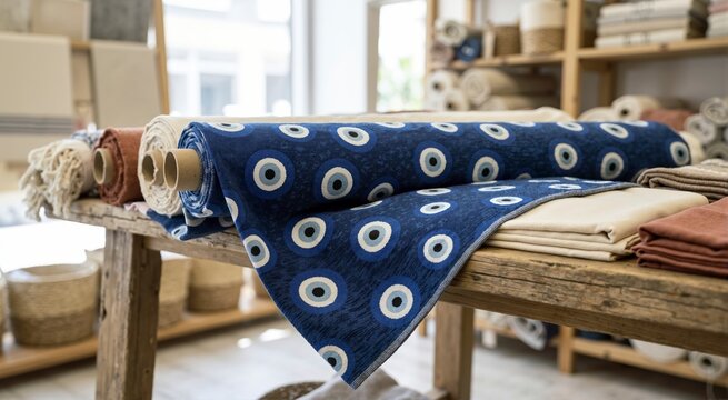 Roll of blue fabric with Turkish evil eye pattern on a wooden table. Traditional Nazar symbol textile displayed in a shop