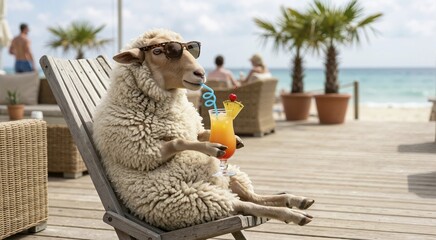 Obraz premium Funny sheep wearing sunglasses and drinking a tropical cocktail on a beach. Humorous summer vacation concept with an animal relaxing at a resort