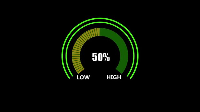 Green loading gauge meter filling up to 70 percent on black background progress percentage