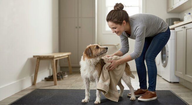 Smiling woman bending over drying wet scruffy dog with beige towel. Pet owner cleaning canine after bath in utility room. Domestic grooming
