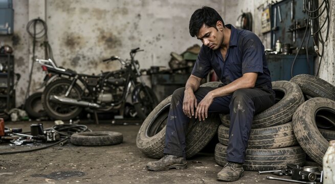 Tired young Indian auto mechanic sitting on pile of old tires in garage. Exhausted man in dirty uniform resting after hard physical labor