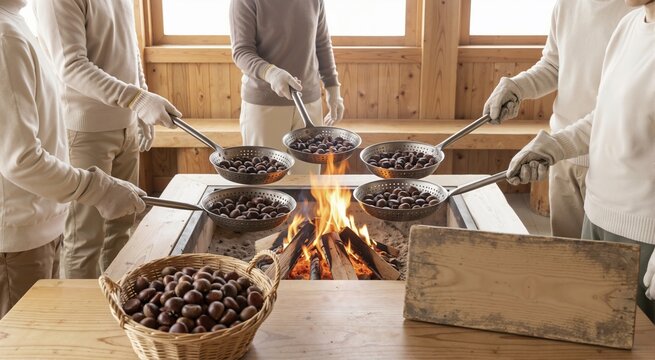 People roasting chestnuts in perforated pans over open fire. Rustic autumn gathering with blank wooden sign for copy space