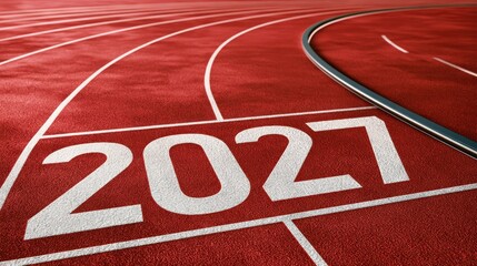 Obraz premium Red athletics running track with white lane markings displaying large 2027 number symbolizing future year goal sports competition athletic training and running track curve
